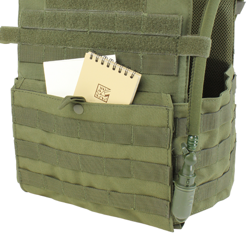 A Condor Gunner Plate Carrier in Scorpion OCP holds a small notepad, a piece of paper, and a hydration tube with mouthpiece, suitable for military or law enforcement use.