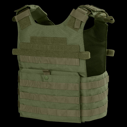 The Condor Gunner Plate Carrier in Olive Drab features adjustable shoulder straps, multiple MOLLE webbing rows, and a front pouch for extra gear or armor plates.
