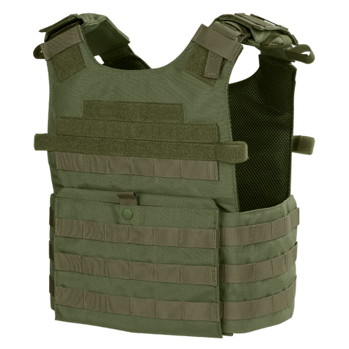 The Condor Gunner Plate Carrier in Olive Drab features adjustable shoulder straps, multiple MOLLE webbing rows, and a front pouch for extra gear or armor plates.