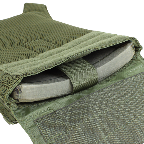 Close-up of the Condor Gunner Plate Carrier in Scorpion OCP, featuring a partially visible ballistic plate inside the open pocket, designed for law enforcement or first responder use.