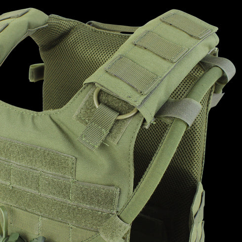 Close-up of the Condor Gunner Plate Carrier in MultiCam, featuring adjustable shoulder straps, hook-and-loop panels, and MOLLE webbing for gear attachment.