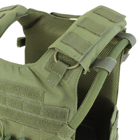 Close-up of the Condor Gunner Plate Carrier in Scorpion OCP, featuring adjustable shoulder straps, Velcro patches, and modular webbing—perfect for military personnel or first responders.