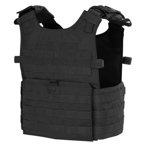 The Condor Gunner Plate Carrier is a black tactical vest with adjustable shoulder straps, front Velcro patches, and MOLLE webbing—perfect for the shooting range or first responders.