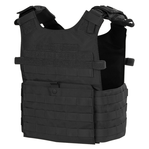 The Condor Gunner Plate Carrier is a black tactical vest with adjustable shoulder straps, front Velcro patches, and MOLLE webbing—perfect for the shooting range or first responders.