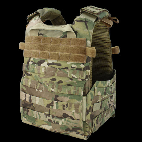 The Condor Gunner Plate Carrier in MultiCam features adjustable shoulder straps, mesh lining, Velcro patches, and multiple webbing rows for accessories, displayed on a white background.