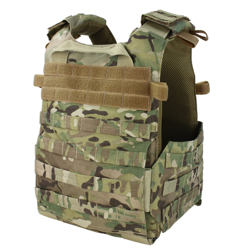 The Condor Gunner Plate Carrier in MultiCam features adjustable shoulder straps, mesh lining, Velcro patches, and multiple webbing rows for accessories, displayed on a white background.