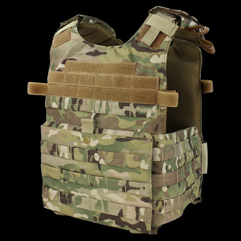 The Condor Gunner Plate Carrier in MultiCam features multiple pouches and Velcro straps, designed to securely hold armor plates and tactical gear.