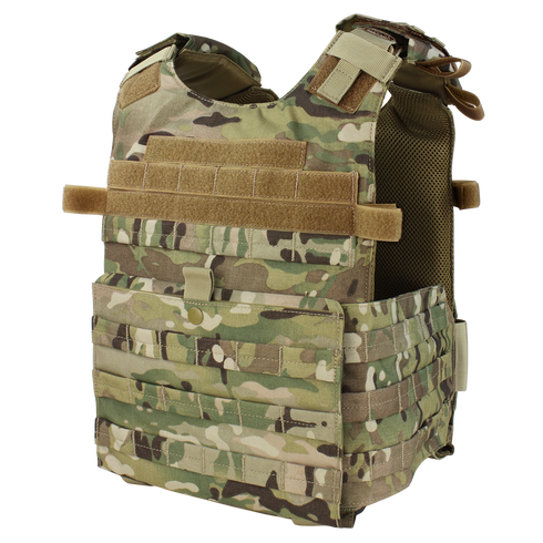 The Condor Gunner Plate Carrier in MultiCam features multiple pouches and Velcro straps, designed to securely hold armor plates and tactical gear.