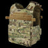 The Condor Gunner Plate Carrier in MultiCam features multiple pouches and Velcro straps, designed to securely hold armor plates and tactical gear.