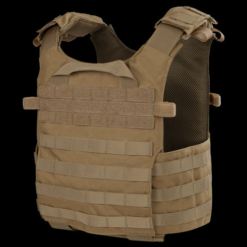The Condor Gunner Plate Carrier is a tan tactical vest with multiple MOLLE webbing strips and adjustable shoulder straps, designed for carrying gear and providing ballistic protection—ideal for law enforcement or shooting range use.