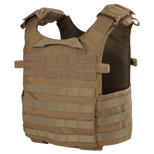 The Condor Gunner Plate Carrier is a tan tactical vest with multiple MOLLE webbing strips and adjustable shoulder straps, designed for carrying gear and providing ballistic protection—ideal for law enforcement or shooting range use.