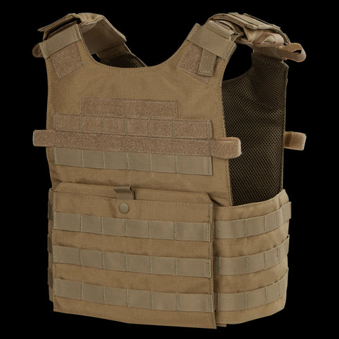 The Condor Gunner Plate Carrier in tan features adjustable shoulder straps, MOLLE webbing, and a front pocket—ideal for military or EDC use—shown on a plain background.
