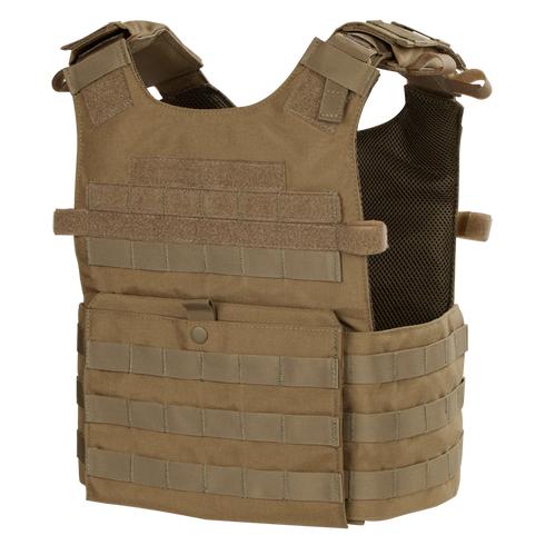 The Condor Gunner Plate Carrier in tan features adjustable shoulder straps, MOLLE webbing, and a front pocket—ideal for military or EDC use—shown on a plain background.