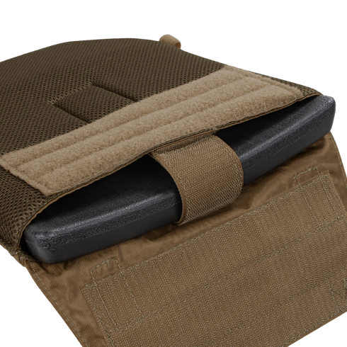 The Condor Gunner Plate Carrier features a partially open brown tactical pouch, revealing a black ballistic plate secured by Velcro—perfect for law enforcement or first responder EDC needs.
