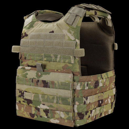 The Condor Gunner Plate Carrier in Scorpion OCP features multiple straps and pouches, designed for carrying ballistic plates and gear.