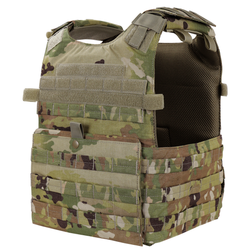 The Condor Gunner Plate Carrier in Scorpion OCP features multiple straps and pouches, designed for carrying ballistic plates and gear.