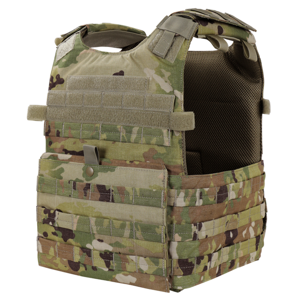 The Condor Gunner Plate Carrier in Scorpion OCP features multiple straps and pouches, designed for carrying ballistic plates and gear.