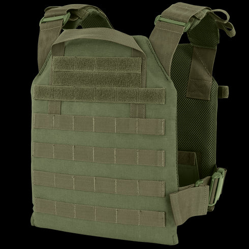The Condor Sentry Plate Carrier is an olive green tactical vest featuring adjustable straps, front MOLLE webbing, and mesh padding on the sides and back.