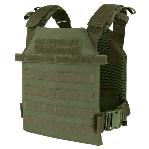 The Condor Sentry Plate Carrier in Olive Drab features adjustable shoulder straps, a front hook-and-loop panel, and horizontal webbing for attachments.