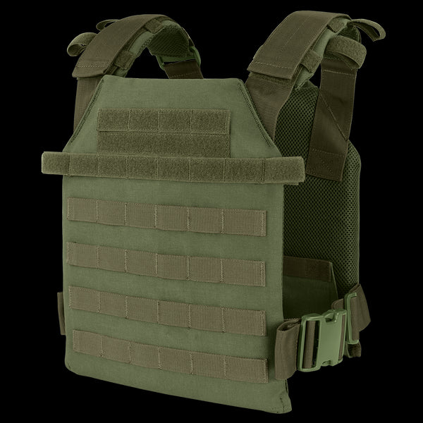 The Condor Sentry Plate Carrier in Olive Drab features adjustable shoulder straps, a front hook-and-loop panel, and horizontal webbing for attachments.