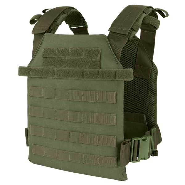 The Condor Sentry Plate Carrier in Olive Drab features adjustable shoulder straps, a front hook-and-loop panel, and horizontal webbing for attachments.