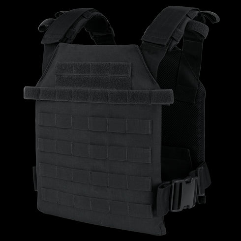 The Condor Sentry Plate Carrier features adjustable shoulder straps, multiple attachment points, and side buckles, designed to securely hold protective armor plates for law enforcement and military use.