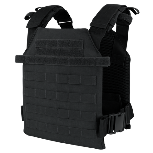 The Condor Sentry Plate Carrier features adjustable shoulder straps, multiple attachment points, and side buckles, designed to securely hold protective armor plates for law enforcement and military use.