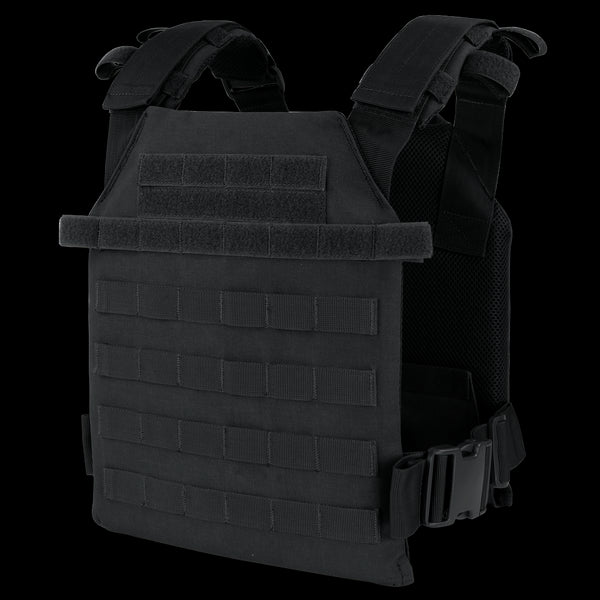The Condor Sentry Plate Carrier features adjustable shoulder straps, multiple attachment points, and side buckles, designed to securely hold protective armor plates for law enforcement and military use.