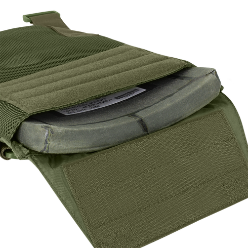 Close-up of the Condor Sentry Plate Carrier in olive green, showing an armor plate partially inserted into its Velcro-secured compartment.