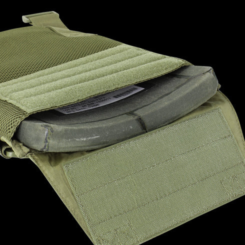A close-up of the Condor Sentry Plate Carrier in Scorpion OCP shows a ballistic plate partially inserted into the front pocket, with Velcro fastenings open.