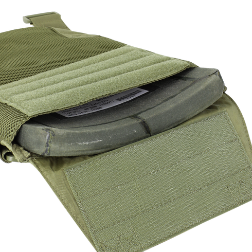 A close-up of the Condor Sentry Plate Carrier in Scorpion OCP shows a ballistic plate partially inserted into the front pocket, with Velcro fastenings open.