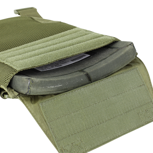 A close-up of the Condor Sentry Plate Carrier in MultiCam Black shows a ballistic plate partially inserted in its front pocket, designed for military or first responder use.