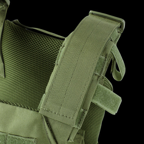 Close-up of the Condor Sentry Plate Carrier in Scorpion OCP, featuring a green shoulder strap with velcro fastenings and mesh lining, designed for first responders or military use.