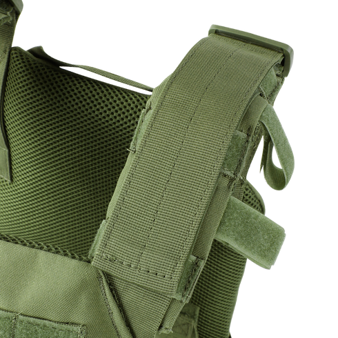 Close-up of the Condor Sentry Plate Carrier in Scorpion OCP, featuring a green shoulder strap with velcro fastenings and mesh lining, designed for first responders or military use.