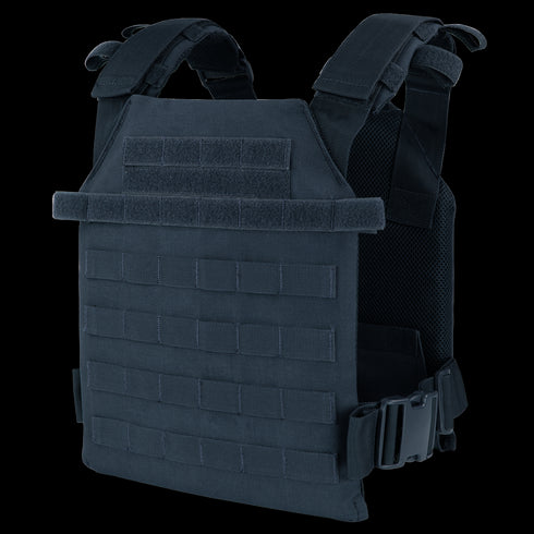 The Condor Sentry Plate Carrier is a black tactical vest with adjustable shoulder and side straps plus multiple webbing rows for gear—ideal for everyday carry or range use.