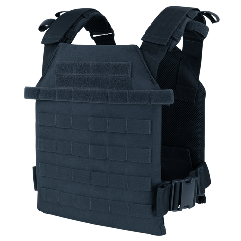 The Condor Sentry Plate Carrier is a black tactical vest with adjustable shoulder and side straps plus multiple webbing rows for gear—ideal for everyday carry or range use.