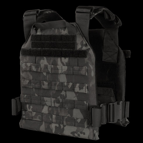The Condor Sentry Plate Carrier in MultiCam Black features adjustable shoulder straps, webbing for attachments, and secure side buckles.