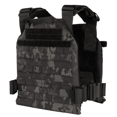The Condor Sentry Plate Carrier in MultiCam Black features adjustable shoulder straps, webbing for attachments, and secure side buckles.