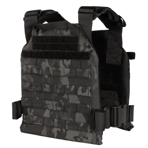 The Condor Sentry Plate Carrier in MultiCam Black features adjustable shoulder straps, webbing for attachments, and secure side buckles.