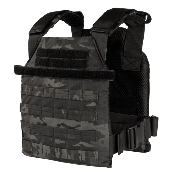 The Condor Sentry Plate Carrier in MultiCam Black features adjustable straps, front MOLLE webbing, and a side-release waist buckle for secure fit and utility.