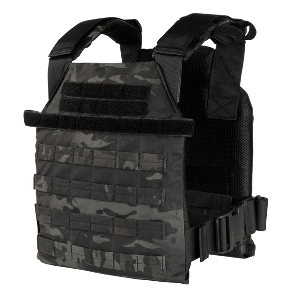 The Condor Sentry Plate Carrier in MultiCam Black features adjustable straps, front MOLLE webbing, and a side-release waist buckle for secure fit and utility.