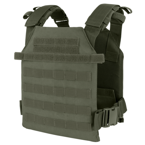 The Condor Sentry Plate Carrier in olive green features multiple attachment points, adjustable shoulder straps, and side buckles—ideal for bushcraft or everyday EDC—shown on a plain background.