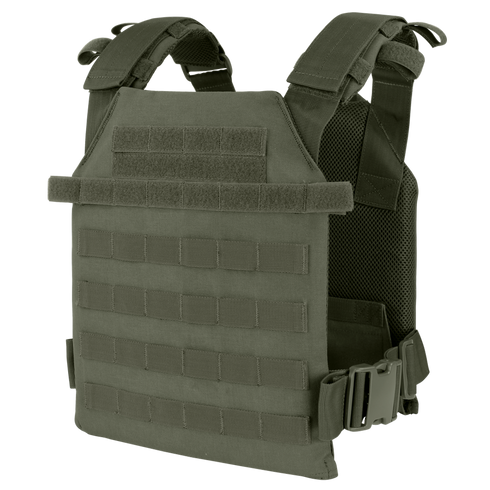 The Condor Sentry Plate Carrier in olive green features multiple attachment points, adjustable shoulder straps, and side buckles—ideal for bushcraft or everyday EDC—shown on a plain background.