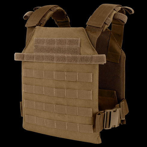 The Condor Sentry Plate Carrier is a brown tactical vest with MOLLE webbing, adjustable shoulder straps, and side buckles for carrying ballistic plates—ideal for military use or the shooting range.