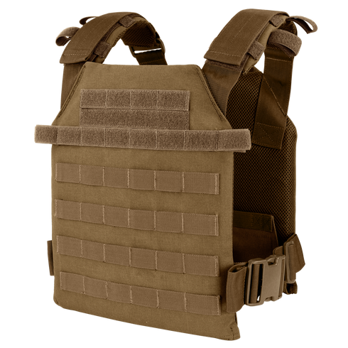 The Condor Sentry Plate Carrier is a brown tactical vest with MOLLE webbing, adjustable shoulder straps, and side buckles for carrying ballistic plates—ideal for military use or the shooting range.