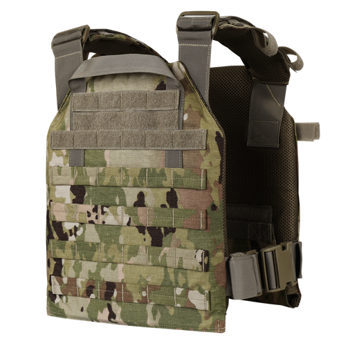 The Condor Sentry Plate Carrier - Scorpion OCP features adjustable straps, front MOLLE webbing, and a side quick-release buckle for tactical use.