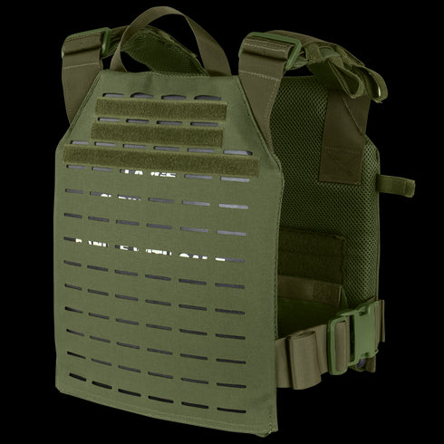 The Condor LCS Sentry Plate Carrier is a green tactical vest featuring multiple straps for secure and adjustable fit.