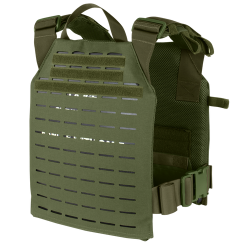 The Condor LCS Sentry Plate Carrier is a green tactical vest featuring multiple straps for secure and adjustable fit.