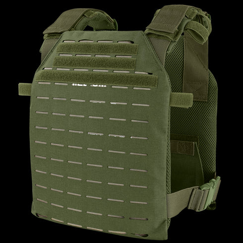 The Condor LCS Sentry Plate Carrier in Olive Drab features adjustable shoulder straps, a laser-cut MOLLE panel, and interior mesh padding for comfort.