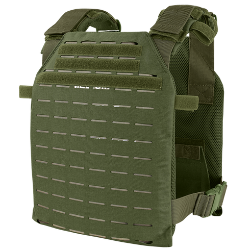 The Condor LCS Sentry Plate Carrier in Olive Drab features adjustable shoulder straps, a laser-cut MOLLE panel, and interior mesh padding for comfort.